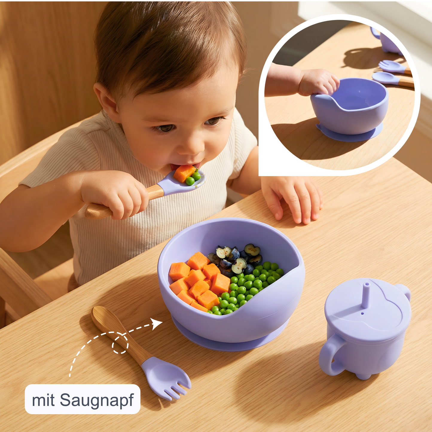 4-Piece Silicone Baby Dinner Set with Suction Cup – Safe Eating. No Mess.