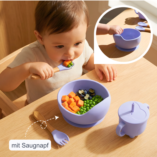 4er Geschirr-Set Silikon Baby Schüssel mit Saugnapf – Sicher essen. Ohne Kleckern.