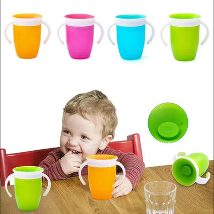 Baby learning drinking cup with double handle and flip lid, suitable for 360-degree rotation