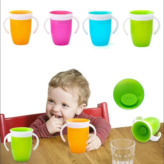 Baby learning drinking cup with double handle and flip lid, suitable for 360-degree rotation