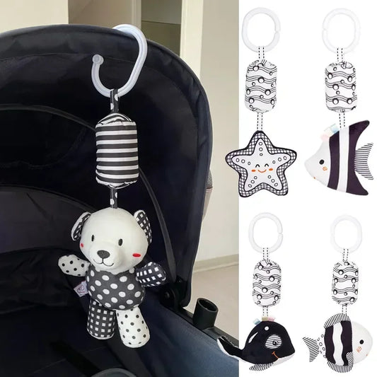 Black & White Baby Rattle & Plush Doll for Stroller or Bed