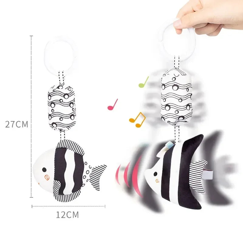 Black & White Baby Rattle & Plush Doll for Stroller or Bed