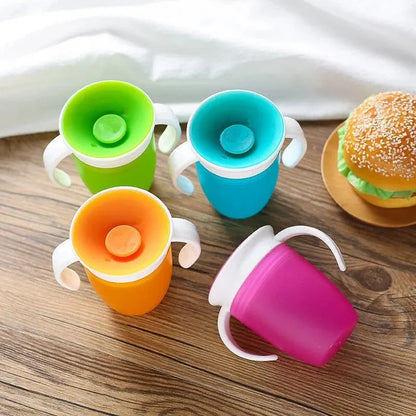 Baby learning drinking cup with double handle and flip lid, suitable for 360-degree rotation