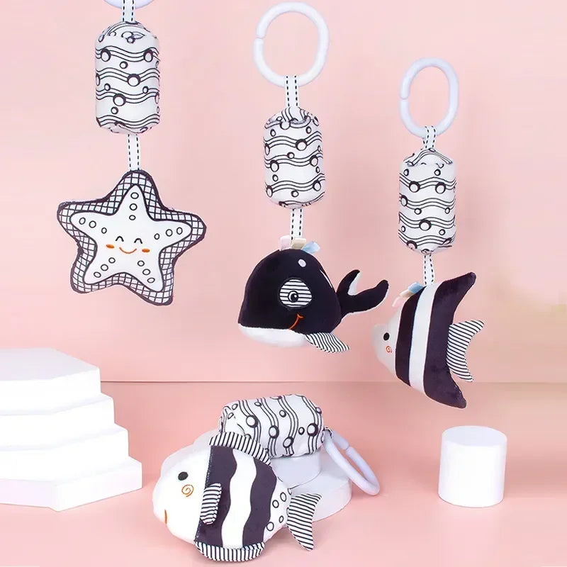 Black & White Baby Rattle & Plush Doll for Stroller or Bed