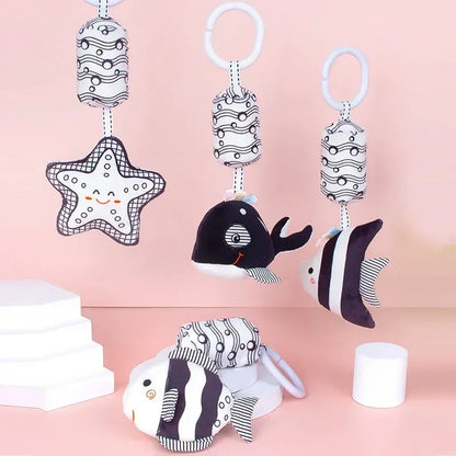 Black & White Baby Rattle & Plush Doll for Stroller or Bed