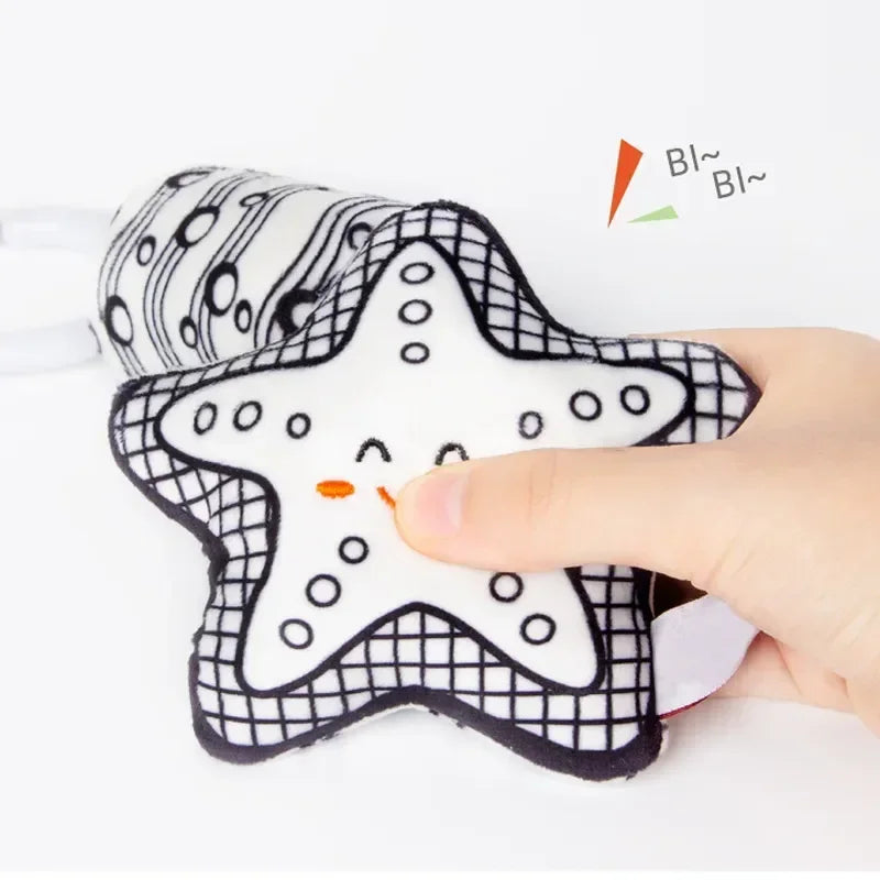 Black & White Baby Rattle & Plush Doll for Stroller or Bed